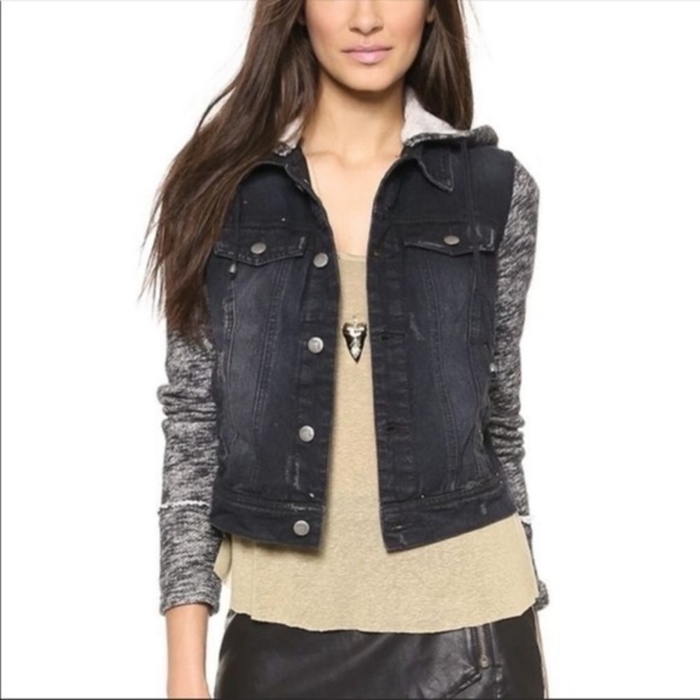 FREE PEOPLE // Denim jean jacket with knit sweatshirt arms and hood size…